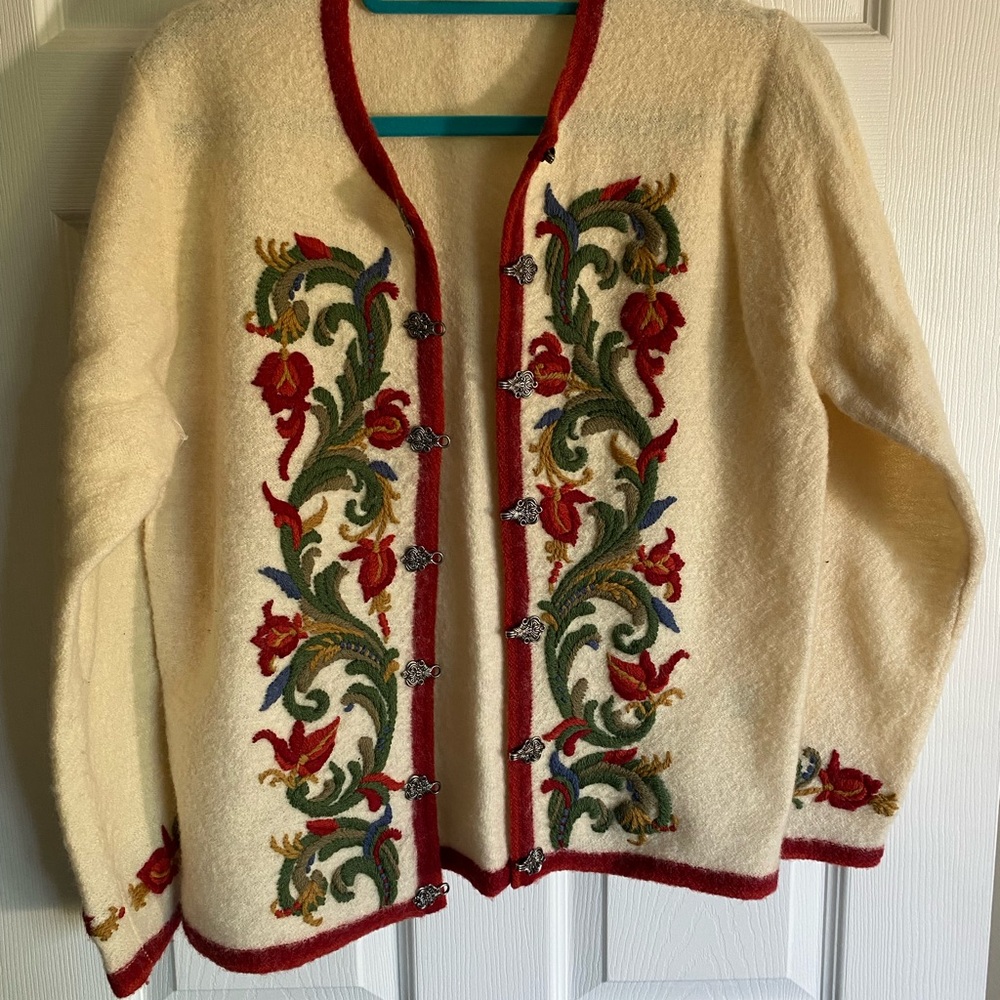 Floral Embroidered Cardigan with Red Trim